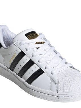 adidas White and Black Classic Shell-Toe Sneakers with Gold Tongue